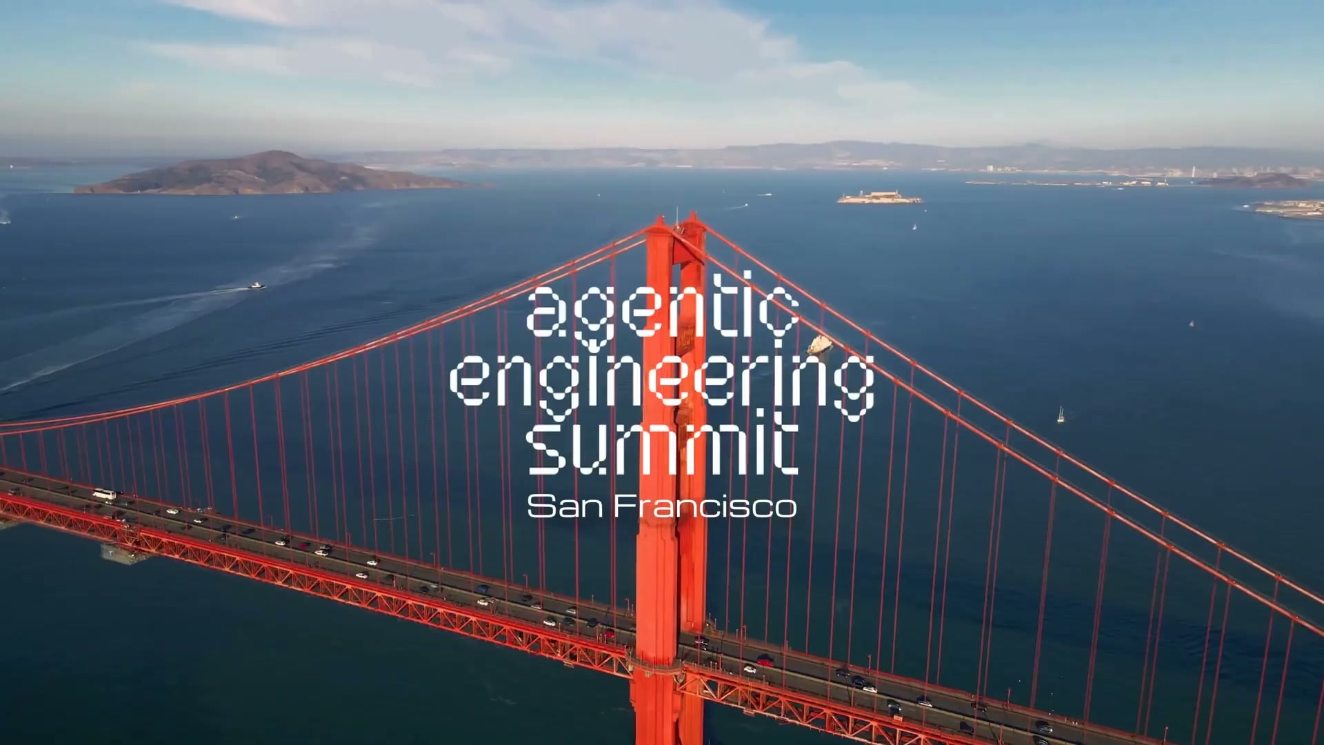 Agentic Engineering Summit, San Francisco, over an aerial view of the Golden Gate Bridge