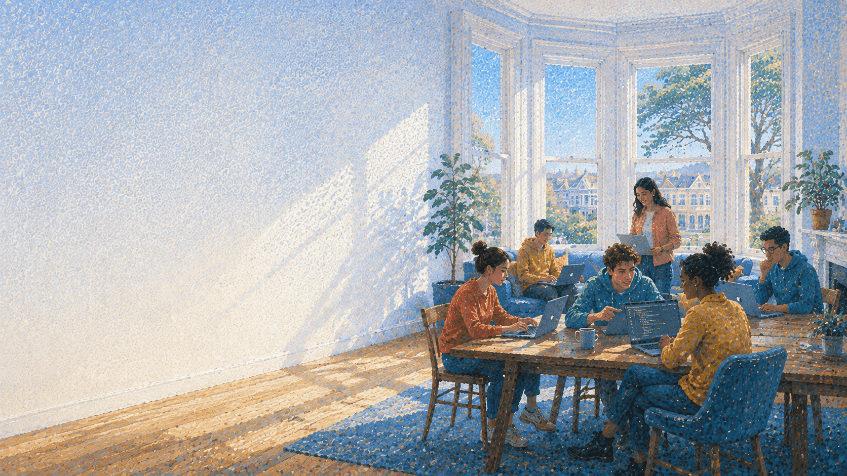 Builders collaborating around a table in a bright San Francisco Victorian house
