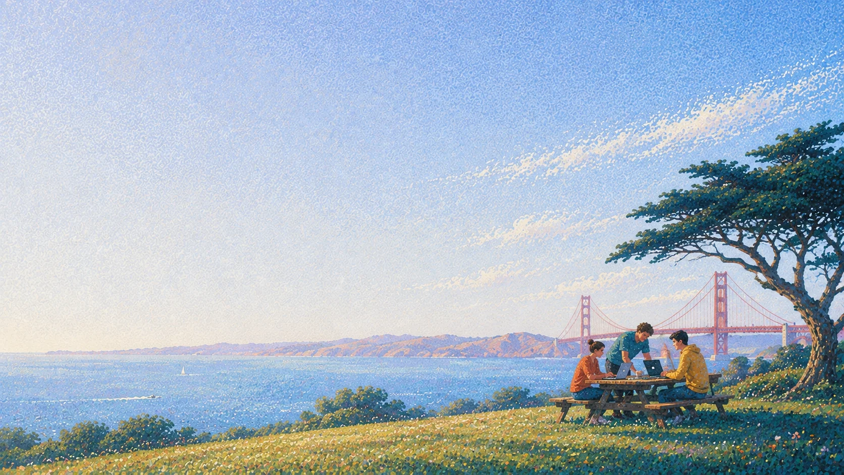 Three friends coding at a picnic table overlooking the Golden Gate Bridge